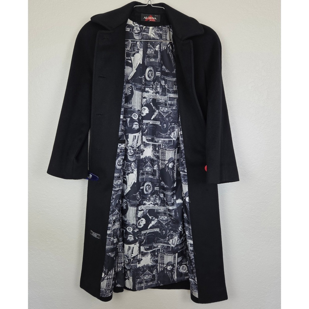 Vintage Alorna Wool Blend Overcoat Black W Retro Graphics Lining Women's Petite